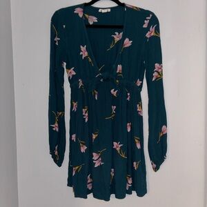 Billabong Dark Teal Dress with Pink Floral Pattern tie front